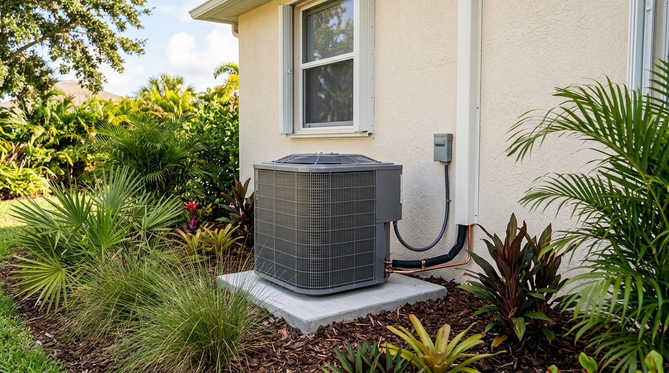 Air conditioning unit installed outside a residential home in Cocoa Florida