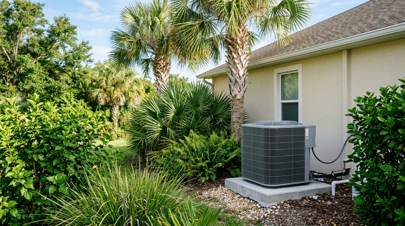 Outdoor air conditioning condenser unit beside a Merritt Island home