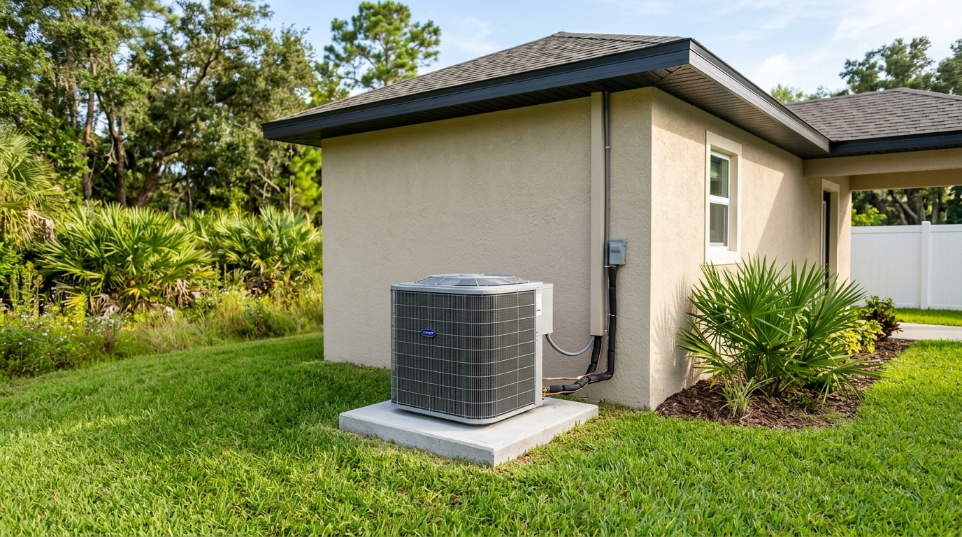 Outdoor air conditioning unit installed next to a residential home in Mims Florida