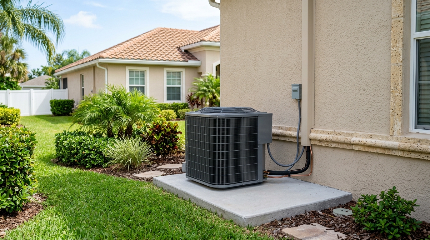 Residential air conditioning condenser unit outside a Port St. John home