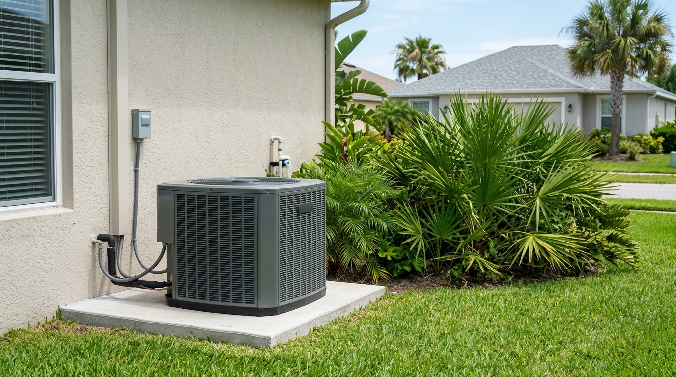 Residential air conditioning outdoor unit installed beside a Florida home in Rockledge.