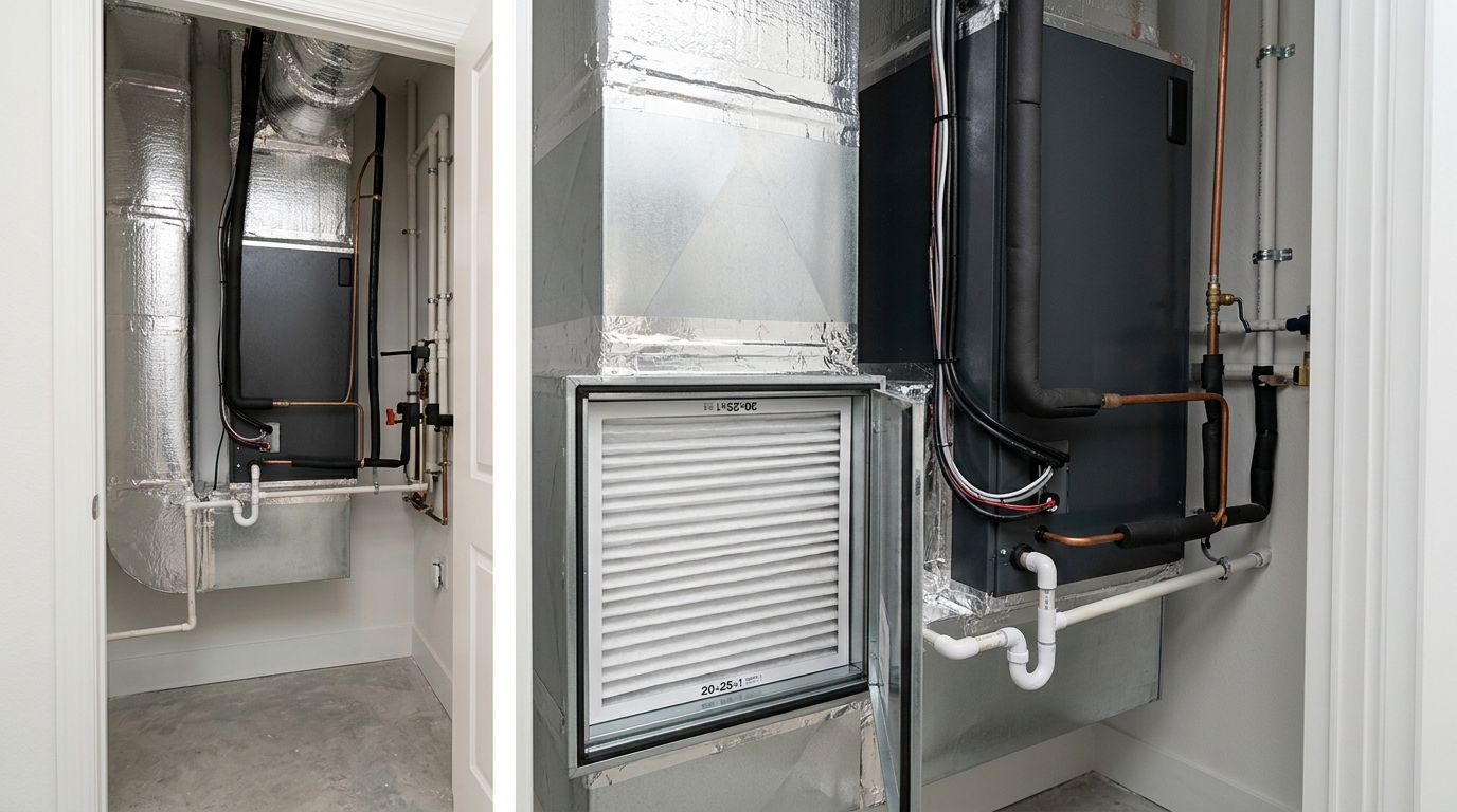 Clean residential indoor air handler and ductwork inside a utility closet